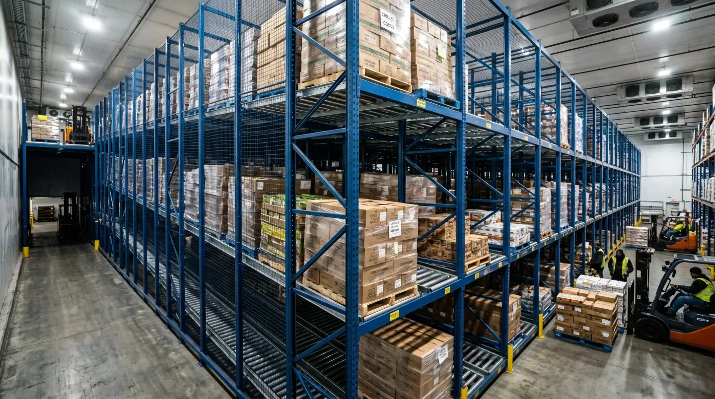 Deep-lane pallet flow rack with gravity rollers in a Delaware refrigerated distribution center